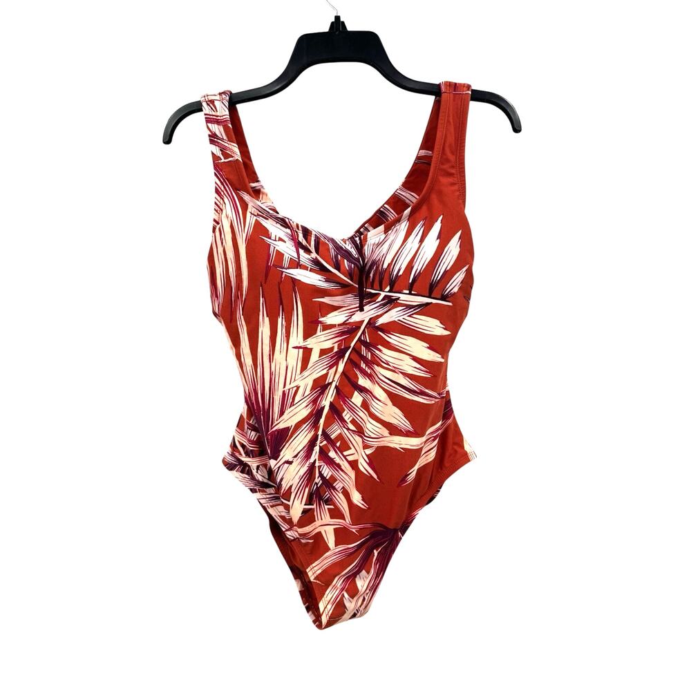 Kona Sol Size Medium Burnt Orange and Purple One-Piece Swimsuit Twist Back